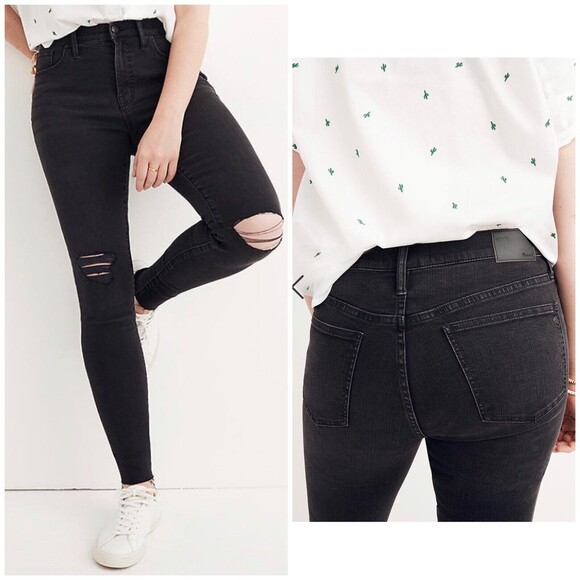 MADEWELL 9" Mid-Rise Ripped Knees Raw Hem Skinny Jeans in Black Sea Size 31 Tall - Picture 1 of 9